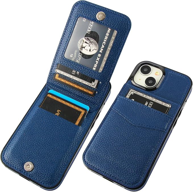KIHUWEY Compatible with iPhone 15 Case Wallet with Credit Card Holder, Flip Premium Leather Magnetic Clasp Kickstand Heavy Duty Protective Cover for iPhone 15 6.1 Inch (Lichee Blue)