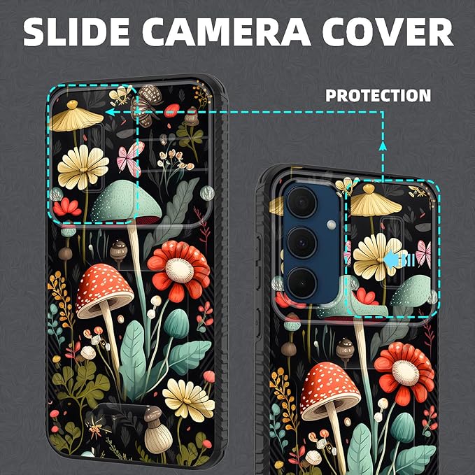for Galaxy A35 5G Case Built in Slide Camera Lens Cover,Heavy Duty Shockproof Protection Dual Layer Case for Samsung Galaxy A35 5G 6.6 inch 2024,Mushroom Forest