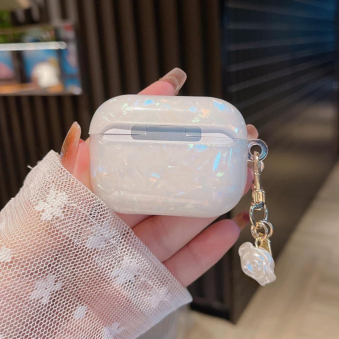 Cute Airpod Pro 2 Case Elegant Flower Luxury Glitter Marble Pearl Protective Cover with Keychain Compatible with AirPods Pro 2nd Generation Case for Girls Women (Rose White)
