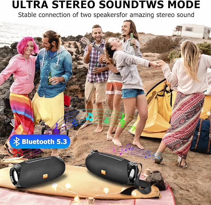 Outdoor Portable Bluetooth Speaker, IPX4 Waterproof Wireless Speakers, 5.0 Bluetooth Speakers, Powerful Sound, TWS Stereo Pairing Support TF Card, for Home/Party/Outdoor/Beach Black