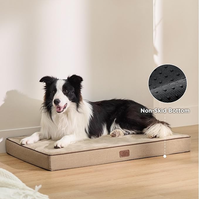 Bedsure Memory Foam Dog Beds Large Sized Dog - Orthopedic Pet Beds for Crate with Removable Washable Cover and Nonskid Bottom, Plush Flannel Fleece Top Pet Mat, Khaki