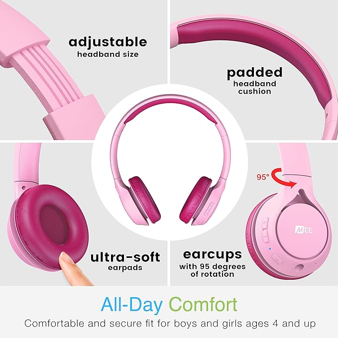 MEE audio KidJamz KJ45BT Children's Safe Listening Bluetooth Wireless Headphones with Volume Limiter & Microphone, Adjustable On-Ear Kids Headset for Online Learning/School/Travel/Tablet, Pink/Magenta