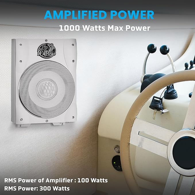 Lanzar 8'' Marine Subwoofer System – 1000W Waterproof Slim Amplified Woofer with RCA Low Level Input, Remote Control, LED Power Indicators, Adjustable Sensitivity, Bass Boost, and Protection Circuits