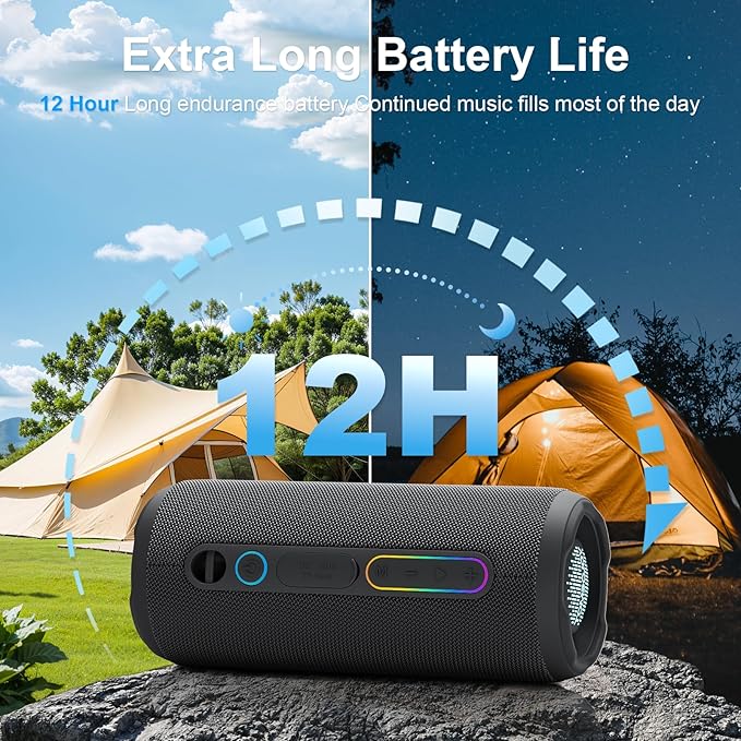 Small Portable Bluetooth Speaker, 24W Deep Bass, RGB Lights, IPX7 Waterproof, TWS Pairing, 12H Playtime, Outdoor Speaker for Travel, Party, Biking (Black)
