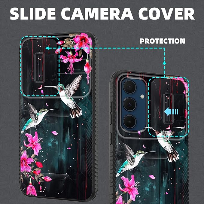 for Galaxy A35 5G Case Built in Slide Camera Lens Cover,Heavy Duty Shockproof Protection Dual Layer Case for Samsung Galaxy A35 5G 6.6 inch 2024,Flower Hummingbird