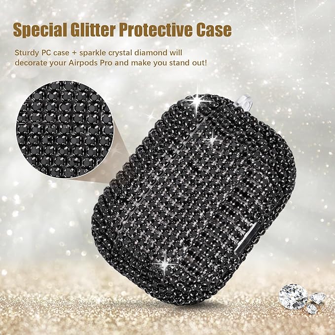 VISOOM Bling Airpods Pro 2nd Generation Case - AirPods Pro 2 Case Cover with Lanyard Women 2024 Crystal iPod Pro 2 Wireless Charging Case Girl Keychain for Apple Airpod Gen Pro 2 (Black)