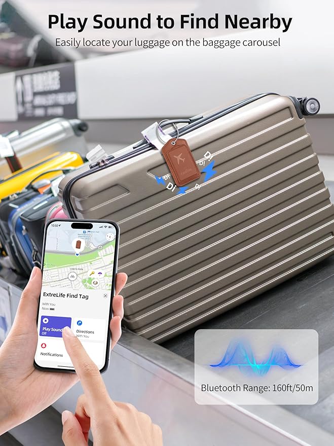 Luggage Tags, Works with Apple Find My, Smart Luggage Tag for Suitcases, Leather Bag Tags for Travel, Suitcase Tag with Privacy Flap, Anti-Lost Luggage Tracker, Travel Essentials, Rechargeable, Brown