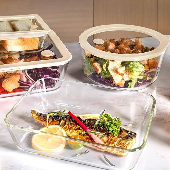 Urban Green Glass Food Container Set with Silicone Glass Lid, 3 Pack, Airtight, LeakProof, 100% Plastic Free, Meal Prep Containers (White Color)