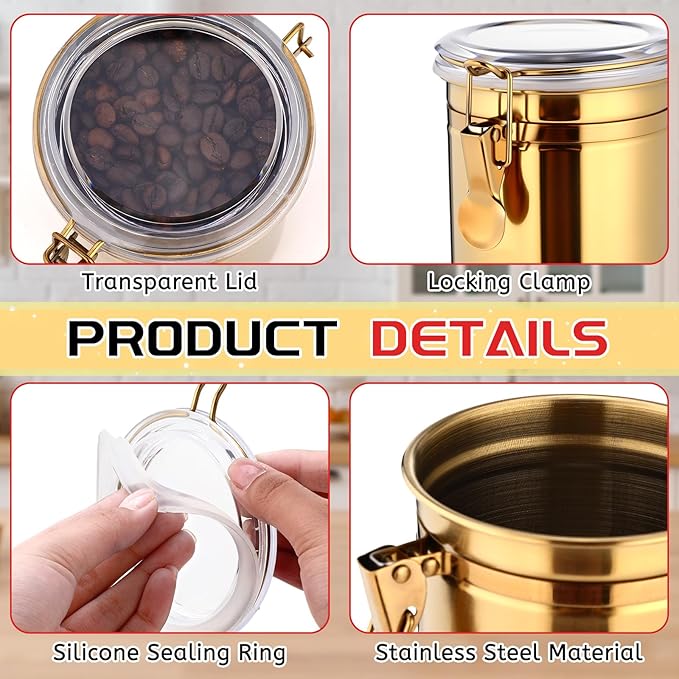6 Pcs Stainless Steel Food Storage Containers Set Airtight Kitchen Canisters Coffee Jar with Clear Lid and Locking Clamp for Coffee Bean, Tea, Flour, Sugar, Cookie Storage(32 oz)