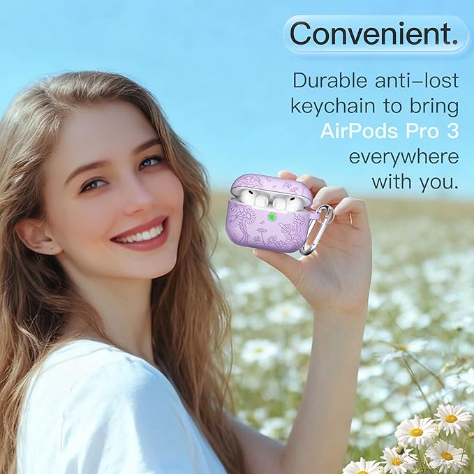 for AirPods Pro 3 Case (2025) DamonLight Daisy Floral Engraved Shockproof Protective Soft Silicone Case Cover with Cleaning Pen and Keychain for Apple Airpods Pro 3rd Generation (Purple)