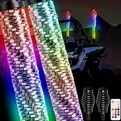 AUDEXEN New Upgraded 3FT RGB Whip Lights with Anti-Fracture Spring Base, Spiral Led Whip Light with App and Remote Control for Jeep UTV ATV Off-Road RZR Polaris Truck Car 4X4 Sand Buggy Dune (2 Pack)