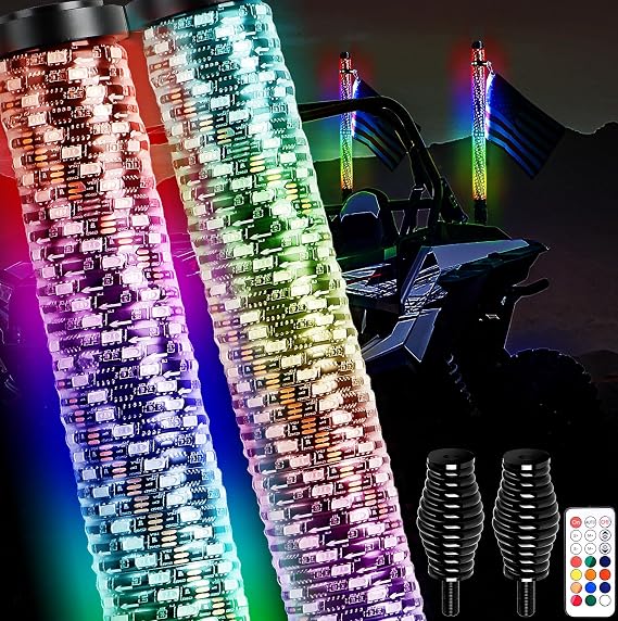 AUDEXEN New Upgraded 3FT RGB Whip Lights with Anti-Fracture Spring Base, Spiral Led Whip Light with App and Remote Control for Jeep UTV ATV Off-Road RZR Polaris Truck Car 4X4 Sand Buggy Dune (2 Pack)