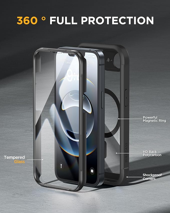 Miracase for iPhone 17e Case& iPhone 16e Case, Full-Body Phone with Built-in Glass Screen Protector, [Magnetic with MagSafe] Military Drop Proof 17 E/ 16 E Cover Bumper 6.1 inch, Black