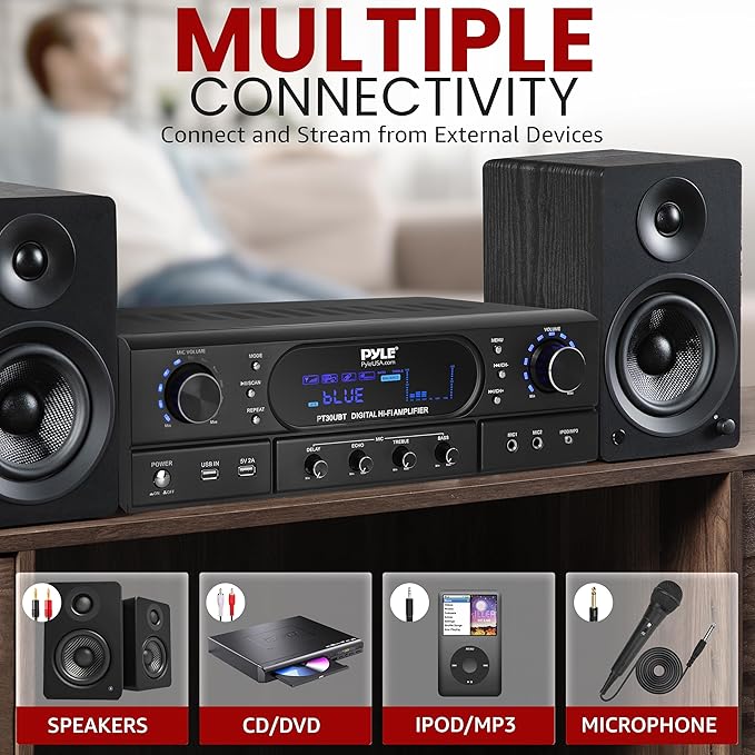 Pyle Bluetooth Home Theater Receiver Amplifier - 180W Peak Power Amp w/Treble, Bass, Echo Control, MP3/USB/FM, Dual Channel Audio Stereo System for Home Streaming Entertainment, Karaoke, Professional
