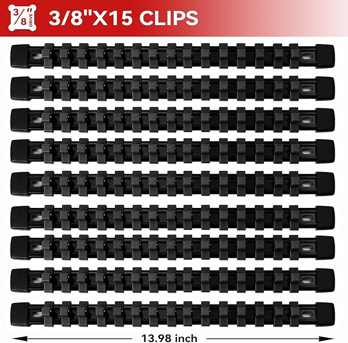 ALOANES 9PC ABS Socket Organizer, Socket Rails Fit 3/8 inch Drive, Heavy Duty Socket Holders Hold up to 135 Sockets, Black Rails with Black Clips