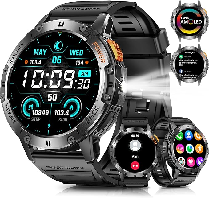 Military Smart Watches for Men with Bluetooth Call, 1.43" AMOLED Waterproof Smartwatch with Flashlight, 111 Sport Modes, 530mAh Heart Rate/Sleep Monitor for Android iOS