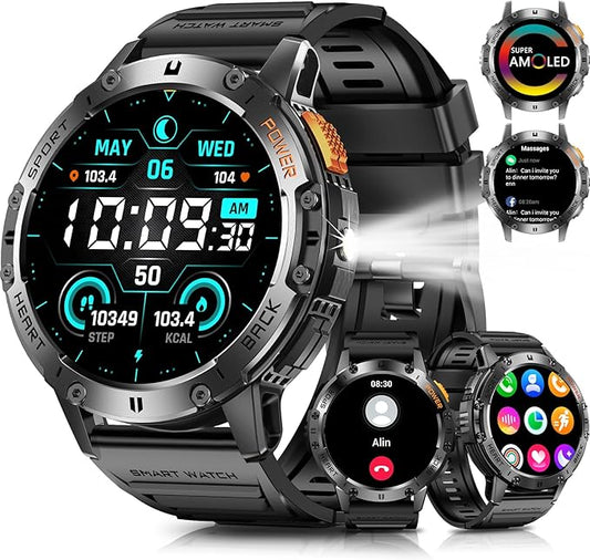 Military Smart Watches for Men with Bluetooth Call, 1.43" AMOLED Waterproof Smartwatch with Flashlight, 111 Sport Modes, 530mAh Heart Rate/Sleep Monitor for Android iOS