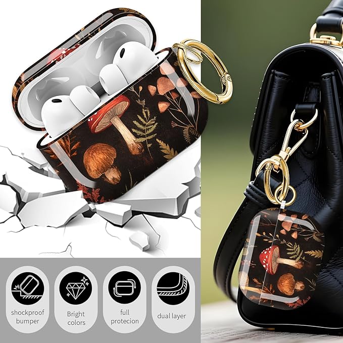 Cute Hard Case Compatible with AirPods Pro 3rd Generation Case (2025), Shockproof Protective Cover with Golden Keychain Ring Clip (Cute Mushroom)