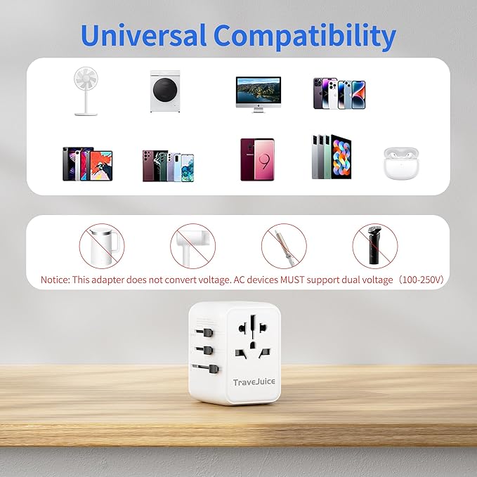 Universal Travel Adapter, TraveJuice International Plug Adapter with USB-C & 2 USB-A Outlet Wall Charger, US to UK, AU, European Travel Plug Adapter, All in One Worldwide Adapter Travel Essentials