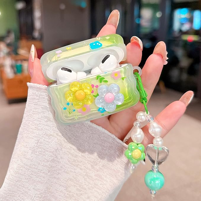 for Airpod Pro 2/1 Case Cute 3D Flower with Keychain Clear TPU Protective Cover Compatible with AirPods Pro 2nd / 1st Gen Case for Girls Women (Floral Blue Yellow)