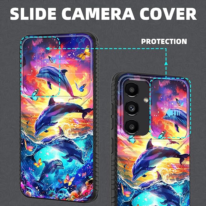 for Galaxy S26 Case Built in Slide Camera Lens Cover,Heavy Duty Shockproof Protection Dual Layer Case for Samsung Galaxy S26 6.3" 2026,Dolphins and Butterflies