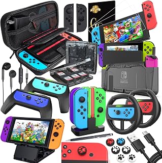 Deruitu Switch Accessories Bundle Compatible with Nintendo Switch, Kit with Carrying Case, Screen Protector, Compact Playstand, Game Case, Joystick Cap, Charging Dock,Steering Wheel, (18 in 1) - Image 1