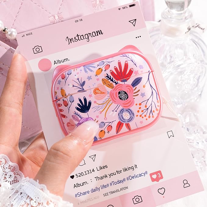 for AirPods Pro 2 Case with Cleaning Kit, Cute Cat Ear Print Design & Cute Buckle for Girls, Phone Holder & Top Safe Lock Buckle Design for AirPods Pro 2nd/1st Gen case, Pink Flower