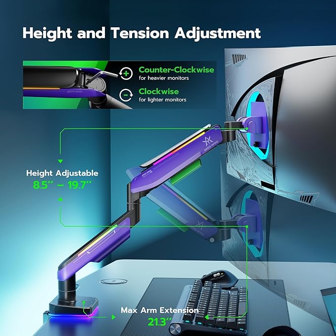 Ares Wing RGB Heavy Duty Monitor Arm for 17 to 49 Inch, up to 44 lbs, Ultrawide Curved Monitor Mount with Gas Spring for Desk, Purple, for Gaming