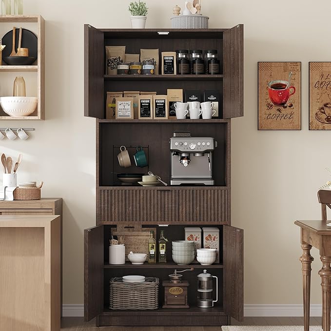 Garvee Tall Kitchen Pantry Cabinet, 70 in Pantry Storage Cabinet with Countertop, Fluted Kitchen Hutch Cabinets with Doors and Drawer, Freestanding Cupboard for Dining Room, Living Room, Brown