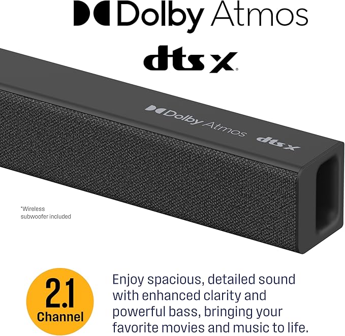 Westinghouse 2.1 Channel Sound Bar for Smart TV, 240 Watt Surround Sound with Dolby Atmos and Digital Plus, Wireless Subwoofer, Home Theater Audio, eArc, HDMI, Bluetooth, Roku TV Ready