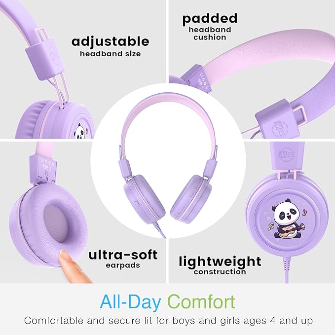 MEE audio KidJamz KJ55 Wired Children’s Headphones with 3.5mm Plug, Colorful Graphics, Volume Limiter & Microphone, Adjustable On-Ear Kids Headset for Online Learning/School/Travel/Tablet (Lavender)