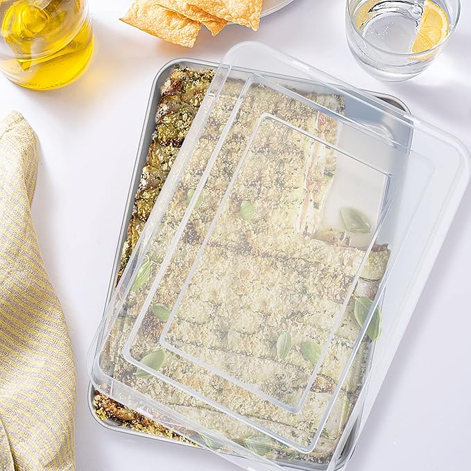 TeamFar Lasagna Pan with Lid, 12.3’’ x 9.75’’ x 2’’, Stainless Steel Rectangular Baking Cake Pan, Heavy Duty & Non-Toxic, Deep & Visible, Brushed Finish & Dishwasher Safe- (1 Pan+1 Lid)