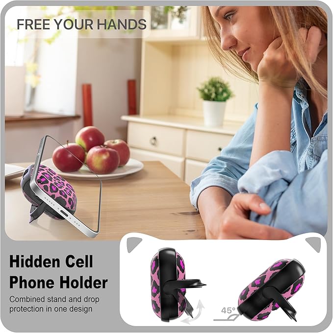RFUNGUANGO AirPods 4 Case for Women Girly Cat Case with Lock, Phone Stand, Keychain & Cleaner Kit, Compatible with Apple Airpods 4th Generation Case Cover, Rose Red Leopard Print