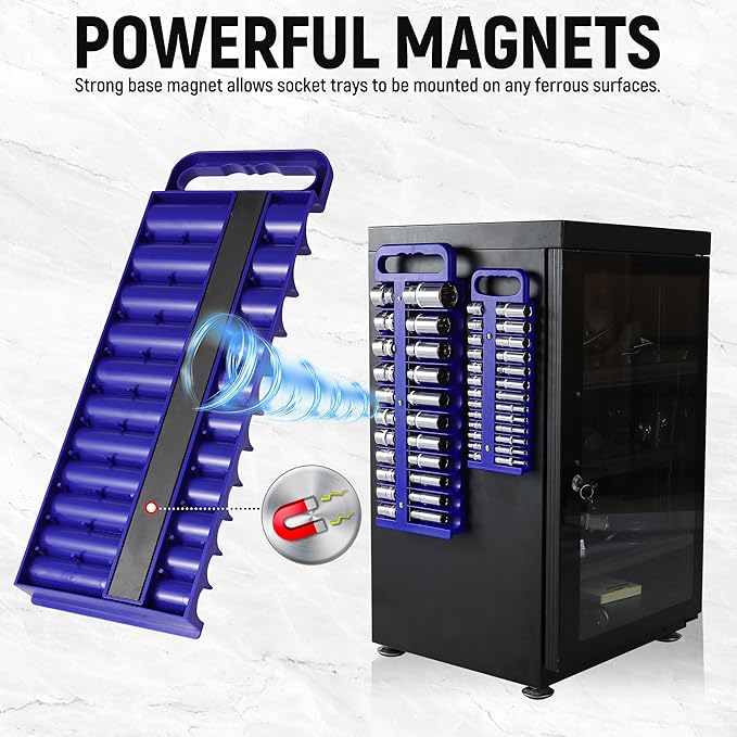 Magnetic Socket Organizer Set, 3 Pcs Blue Portable Heavy Duty Socket Rail Set: 1/4-Inch x 22 Pallets, 3/8-Inch x 28 Pallets, 1/2-Inch x 26 Pallets, Hold 76 Sockets - Fit Shallow&Deep Sockets