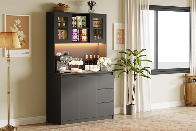 Garvee Kitchen Pantry Cabinet,71 in Tall Storage Cabinet with Doors and Shelves Adjustable, Kitchen Storage Hutch with Microwave Shelf, Led Lights and Charging Station,Corner Pantry Cabinet, Black