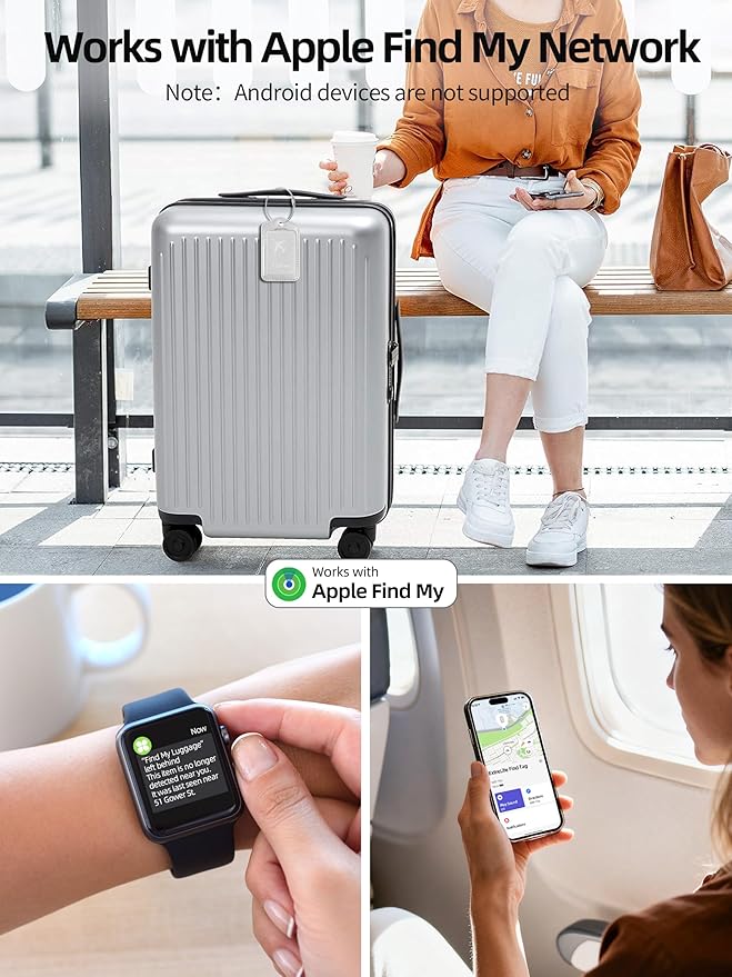Luggage Tags, Works with Apple Find My, Leather Luggage Tag for Suitcases, Travel Tags, Bag Tag, Suitcase Tag with Privacy Flap, Anti-Lost Smart Luggage Tracker, Travel Essentials, Gray