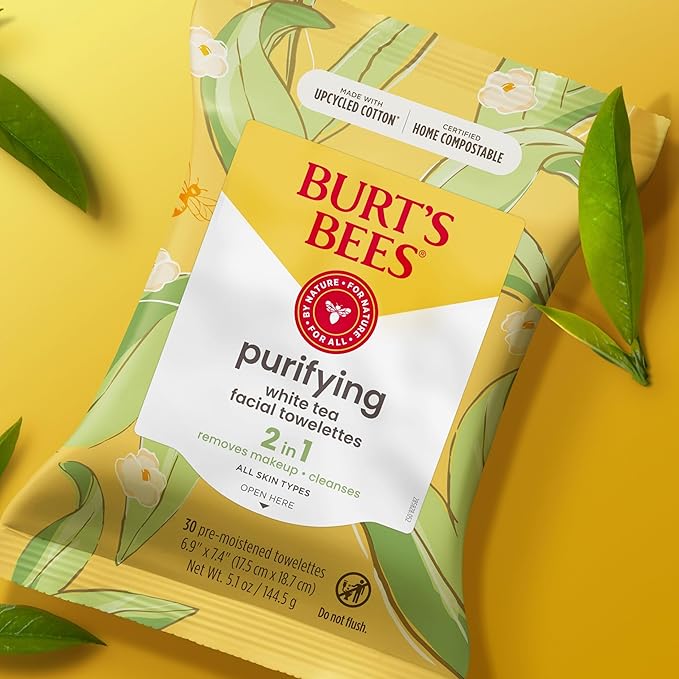 Burt's Bees Stocking Stuffers, Purifying Facial Towelettes Christmas Gifts With White Tea, Gentle Face Cleanser Pre-Moistened Towelettes, Makeup Remover Wipes, 30 ct. Package (3-Pack)