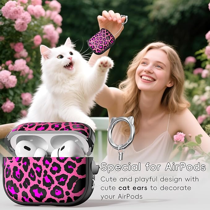 for AirPods Pro 2 Case with Cleaning Kit, Cute Cat Ear Print Design & Cute Buckle for Girls, Phone Holder & Top Safe Lock Buckle Design for AirPods Pro 2nd/1st Gen case, Rose Leopard