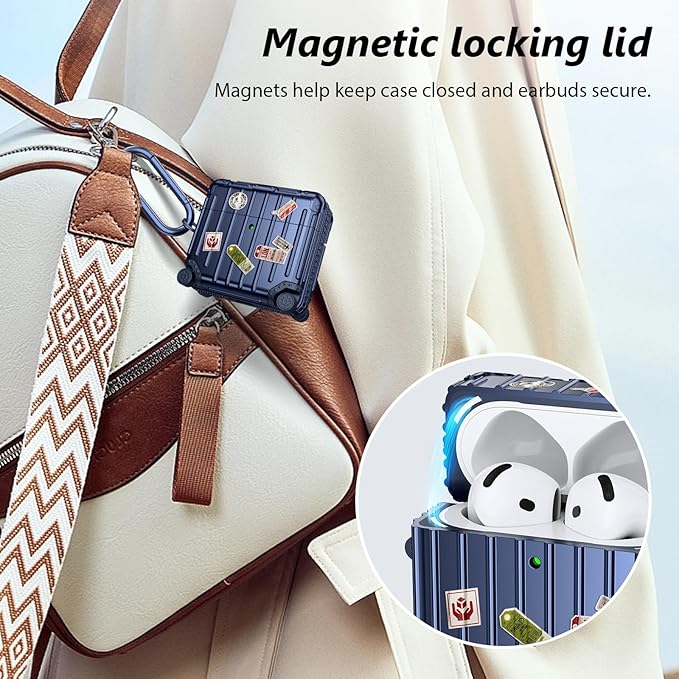 Filoto Compatible with Airpods 4 Case, Cute Fashion Suitcase Design for Airpods 4th Generation Case Cover, Shockproof Protective Hard Case with Keychain/Cleaner Kit (Blue, Airpods 4 Case)
