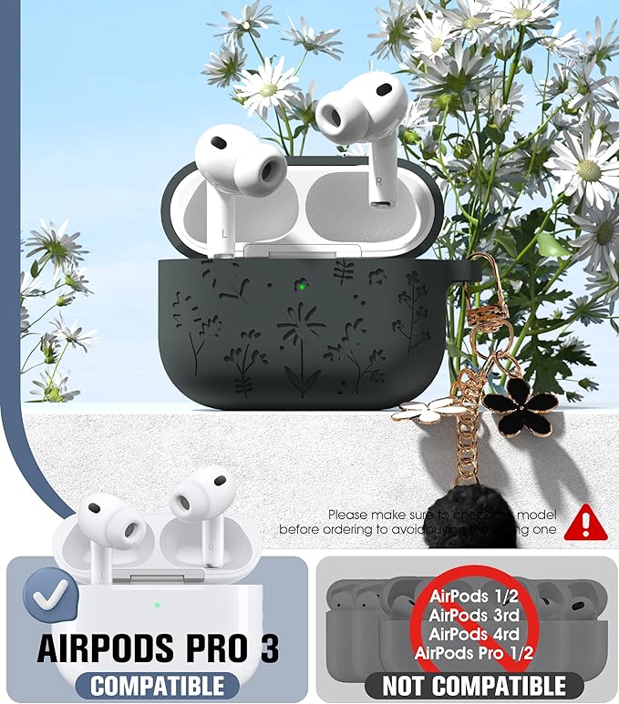 Seltureone Compatible with AirPods Pro 3 Case 2025 Cute with Cherry Blossom Keychain and Cleaning Kit, Soft Silicone Shockproof Flower Engraved Compatible with AirPod Pro 3 Case Cover - Dark Gray