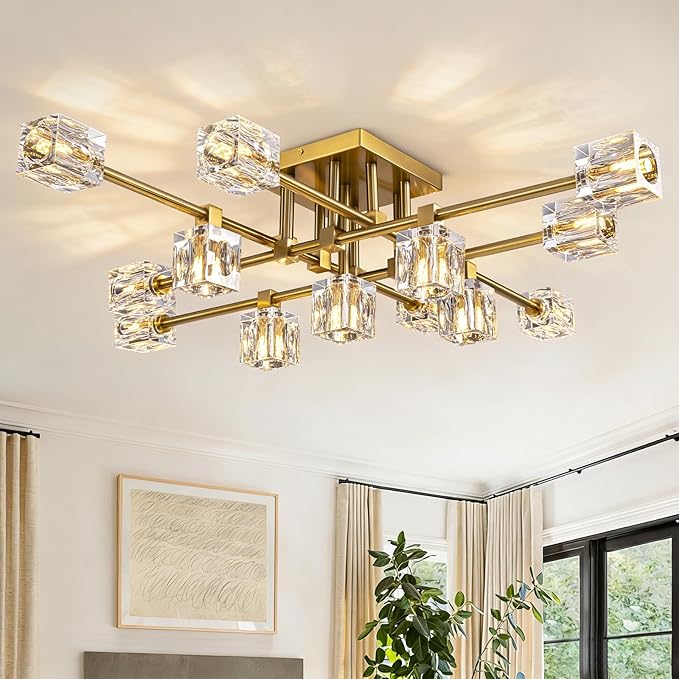 Modern Ceiling Light Fixture with 13-Lights,Gold Semi Flush Mount Ceiling Light,Crystal Sputnik Chandeleirs,Modern Ceiling Lights for Living Room,Dining Room,Kitchen Island,Bedroom