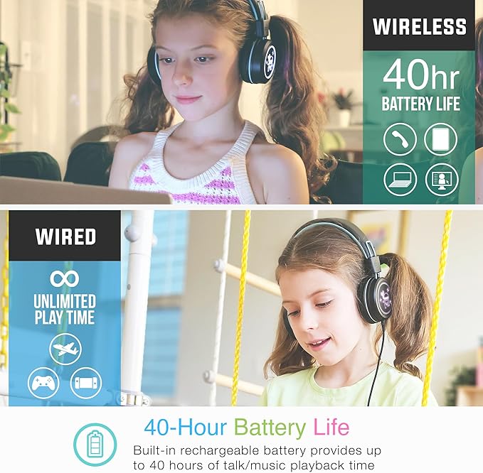 MEE audio KidJamz KJ55BT Personalized Bluetooth Wireless Safe Listening Headphones for Kids w/Custom LED-Backlit Design, Volume Limiter, Microphone; Kids Headset for School/iPhone/iPad/Tablet (Black)