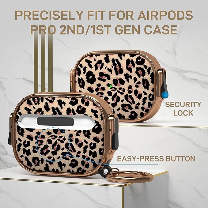 Maxjoy for AirPods Pro 2nd/1st Generation Case with Lock, Cute AirPods Pro 2 Case Lock Protective Hard AirPod Pro Cover for Women Men with Keychain for Airpod Pro (2023/2022/2019), Leopard