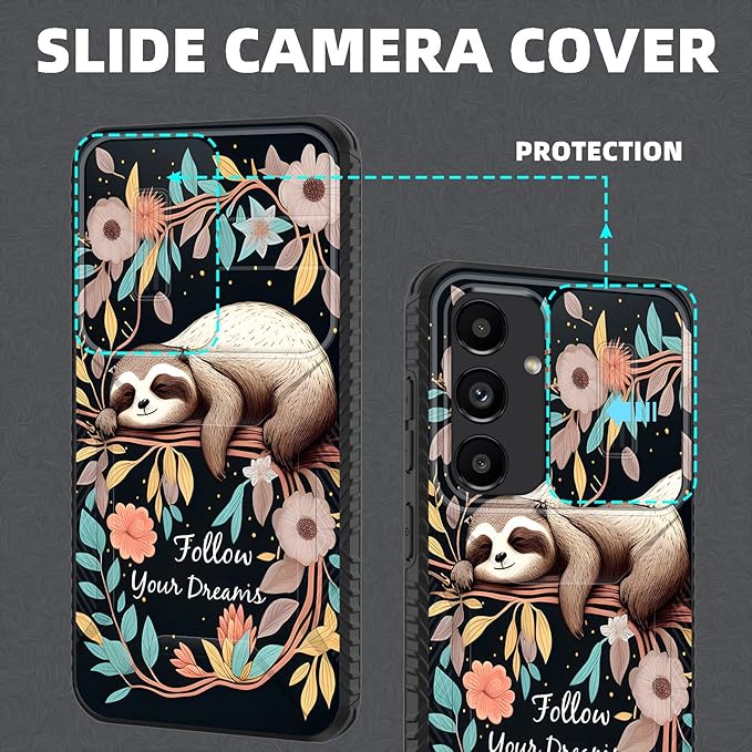 for Galaxy S24 FE Case Built in Slide Camera Lens Cover,Heavy Duty Shockproof Protection Dual Layer Case for Samsung Galaxy S24 FE 5G 6.7" 2024,Cute Baby Sloth On The Tree