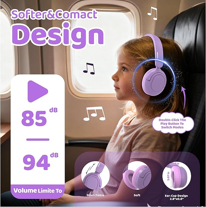 MIDOLA Kids Headphones Active Noise Cancelling Wireless Bluetooth 5.4 Volume Limited 85/94dB Foldable Over Ear,Headset with Mic Type C Charging for Boy Girl Toddler Child Pad Tablet Lavender Purple