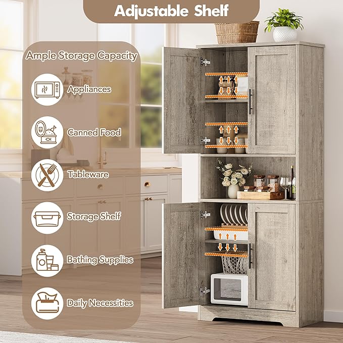IDEALHOUSE Pantry Cabinet,70" Tall Kitchen Pantry Cabinet with Doors and Adjustable Shelves, Freestanding Cupboard, Tall Storage Cabinet for Bathroom, Dining Room, Living Room，Gray