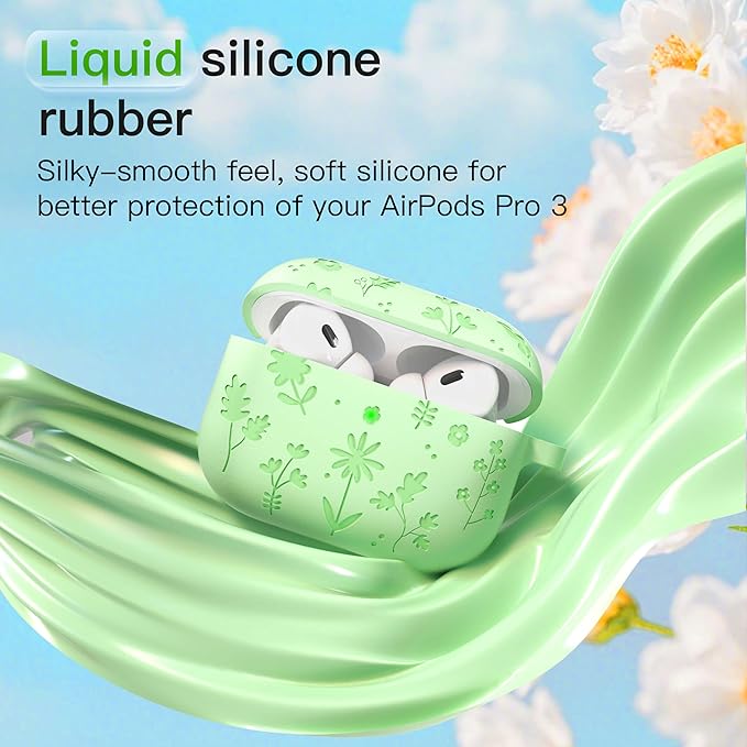 for AirPods Pro 3 Case (2025) DamonLight Floral Engraved Shockproof Protective Soft Silicone Case Cover with Cleaning Pen and Floral Keychain for Apple Airpods Pro 3rd Generation (Avocado Green)