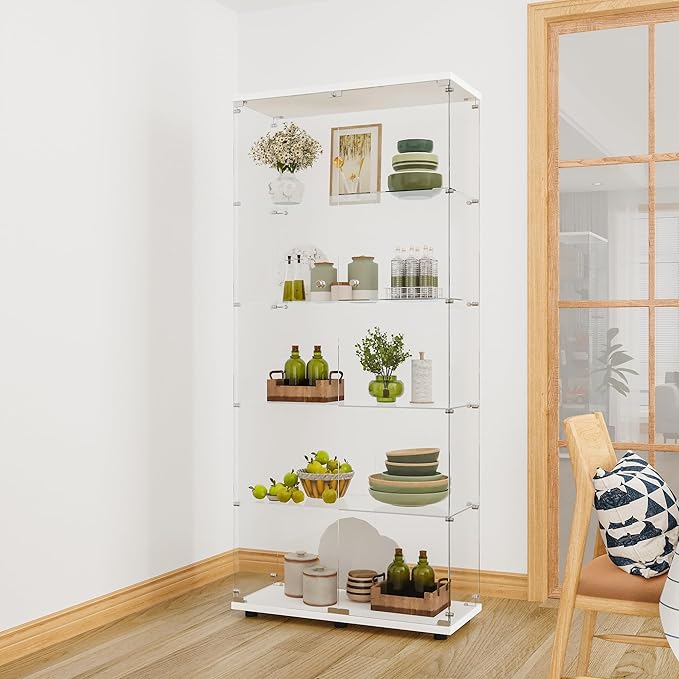 LFT HUIMEI2Y Glass Display Cabinet 5-Shelf with 2 Doors and Lock, Curio Cabinets Upgraded Quick-Install Style Tempered Glass Floor Standing Bookshelf for Living Room, Bedroom, Kitchen White