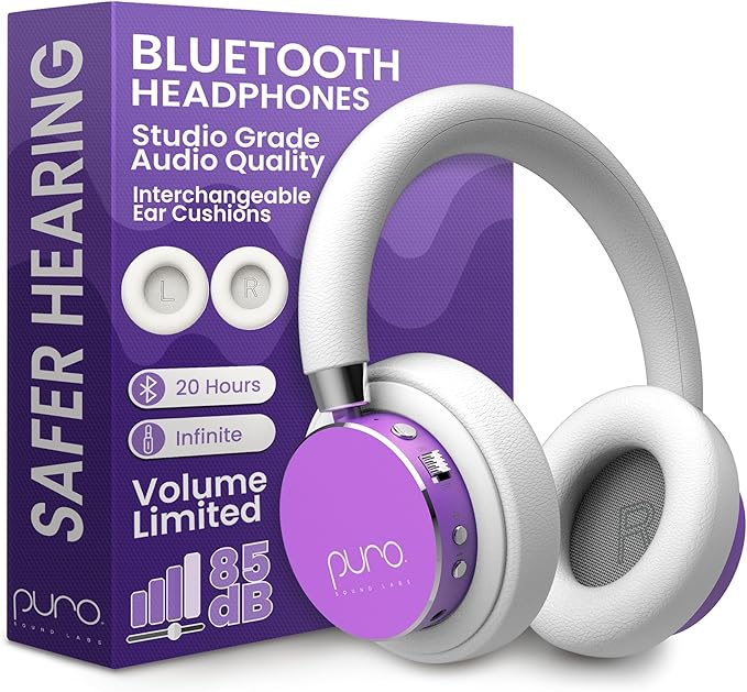 Puro Sound Labs BT2200 Plus Volume Limited Headphones for Kids, Bluetooth, Studio-Grade Audio, Over-Ear & Comfy Design, 20-Hr Battery Life, Easy to Connect Wireless Headphones for Kids, Purple & Pink