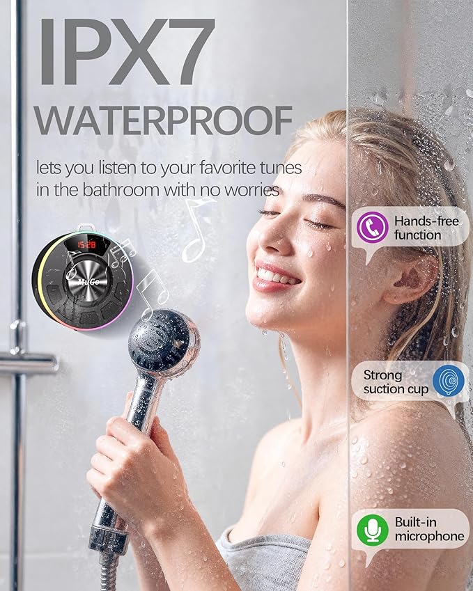 MuGo Bluetooth Shower Speaker, 360° HD Stereo Sound, IPX7 Waterproof Wireless Speaker Bluetooth 5.3 with RGB Lights, Suction Cup and Microphone, Small Shower Radio for Home/Party/Outdoor/Gifts